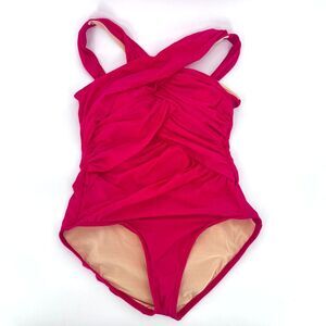 Miraclesuit Bright Pink Criss Cross Ruched Front Straps One Piece Swimsuit 6-8